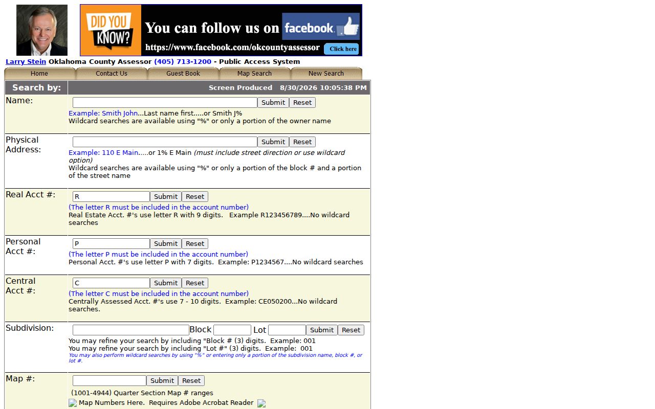 Del City street directory Oklahoma County Assessor address search fields